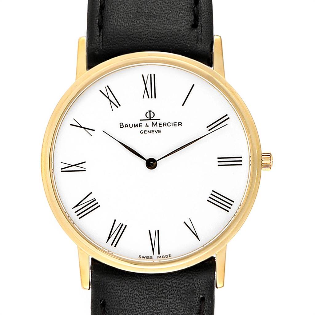 This image shows a front view of the Classima watch by Baume & Mercier, featuring a white dial, Roman numerals, and a black leather strap.