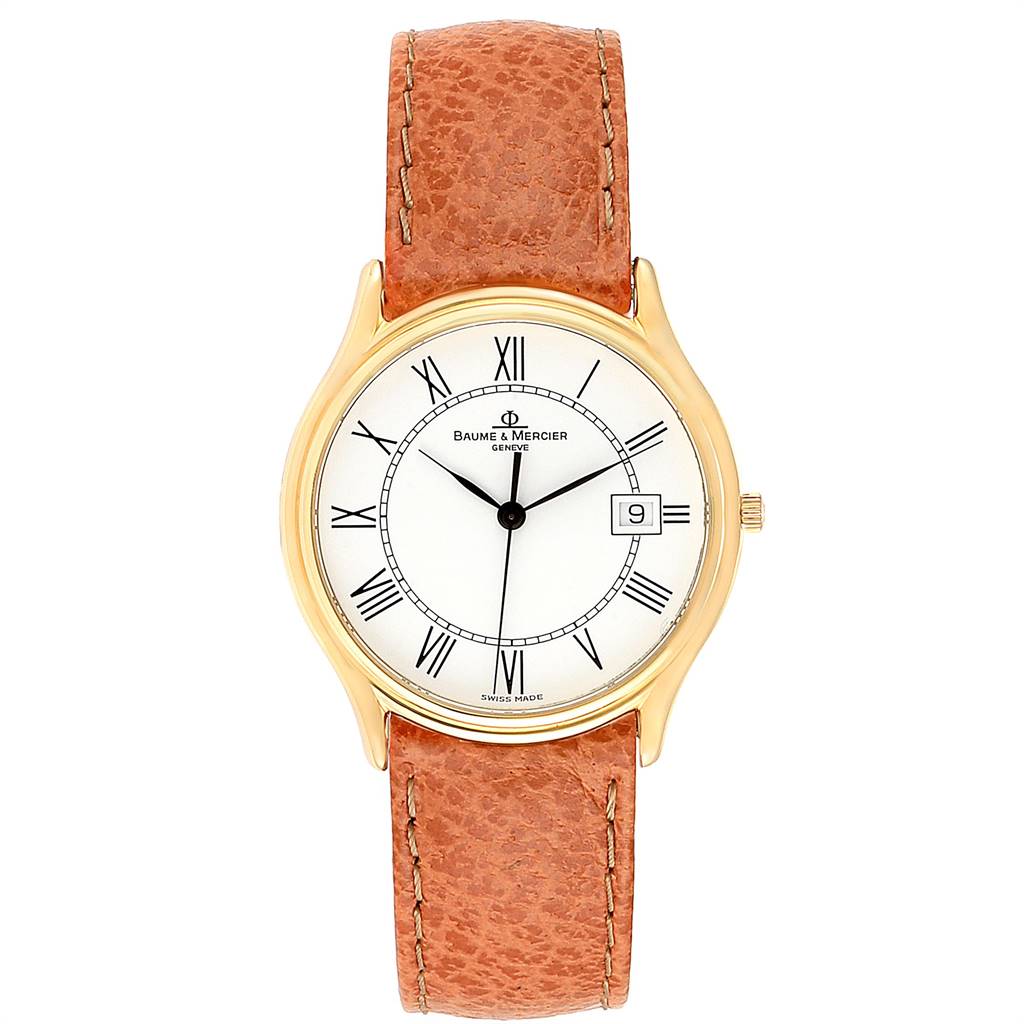 This Baume & Mercier Classima MV045236 Men's Yellow Gold White Dial MV045236 Men's Yellow Gold White Dial watch is shown from a top-down angle, displaying the dial, Roman numerals, and leather strap.