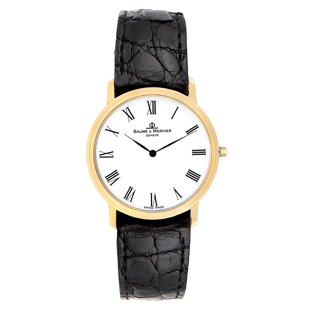The image shows a Baume & Mercier Classima 95612 Men's Yellow Gold White Dial 95612 Men's Yellow Gold White Dial watch from a front angle, displaying its face, hands, and black leather strap.