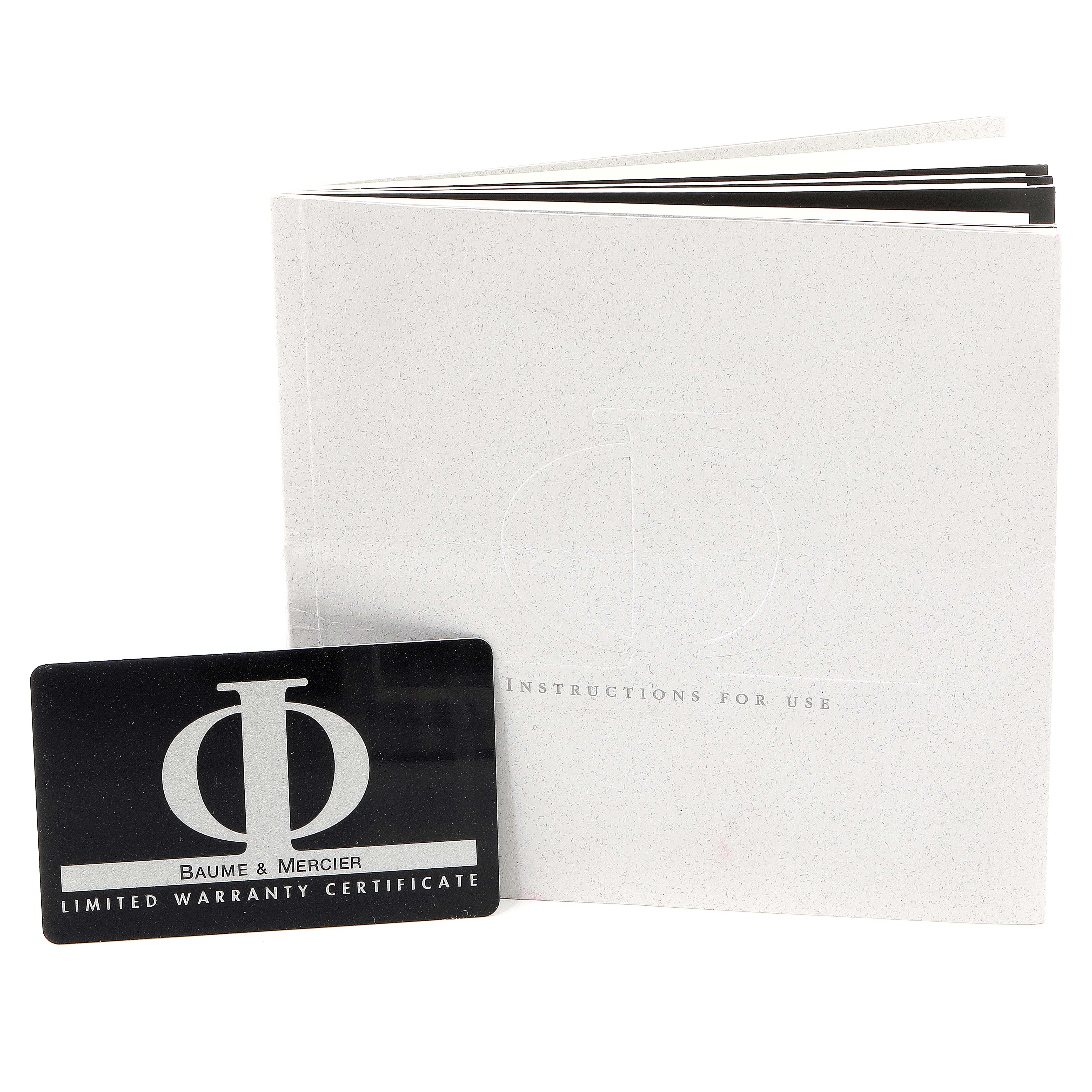 The image shows the instruction manual and the limited warranty certificate for the Baume & Mercier Classima 95248 Men's Yellow Gold White Dial 95248 Men's Yellow Gold White Dial watch model.