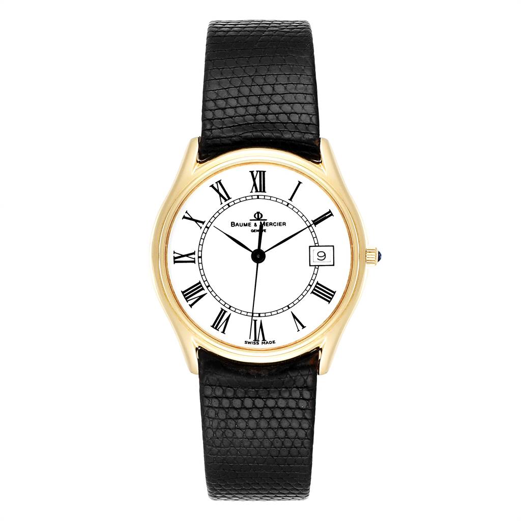 The image shows a front view of the Baume & Mercier Classima 95248 Men's Yellow Gold White Dial 95248 Men's Yellow Gold White Dial watch with its black leather strap, gold case, and white dial with Roman numerals.