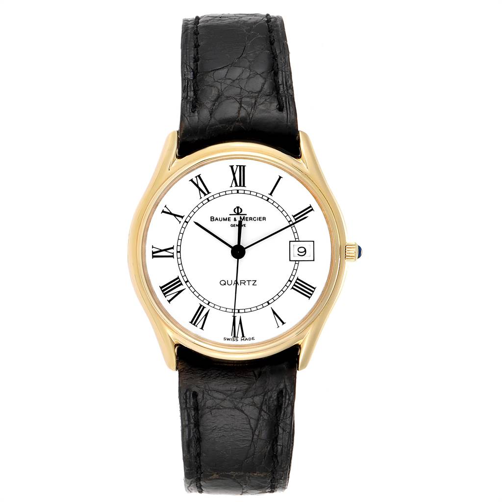 The image shows a frontal view of the Baume & Mercier Classima 95248 Men's Yellow Gold White Dial 95248 Men's Yellow Gold White Dial watch with a white dial, Roman numerals, and a black leather strap.
