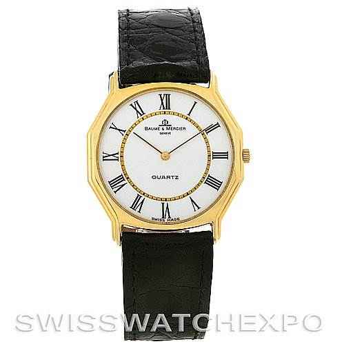 The image shows a frontal view of the Vintage Baume Mercier 14k Yellow Gold Quartz Watch by Baume & Mercier 1505735 Men's Yellow Gold White Dial 1505735 Men's Yellow Gold White Dial.