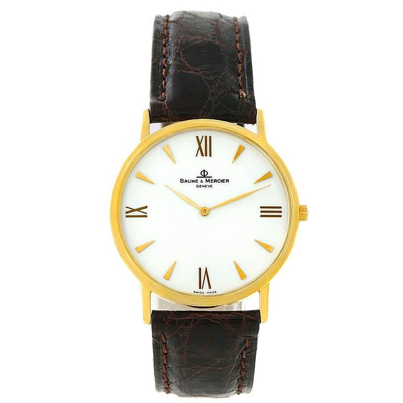 This image shows a front view of the Baume & Mercier Classima 8069 Men's Yellow Gold White Dial 8069 Men's Yellow Gold White Dial watch with a gold case and brown leather strap.