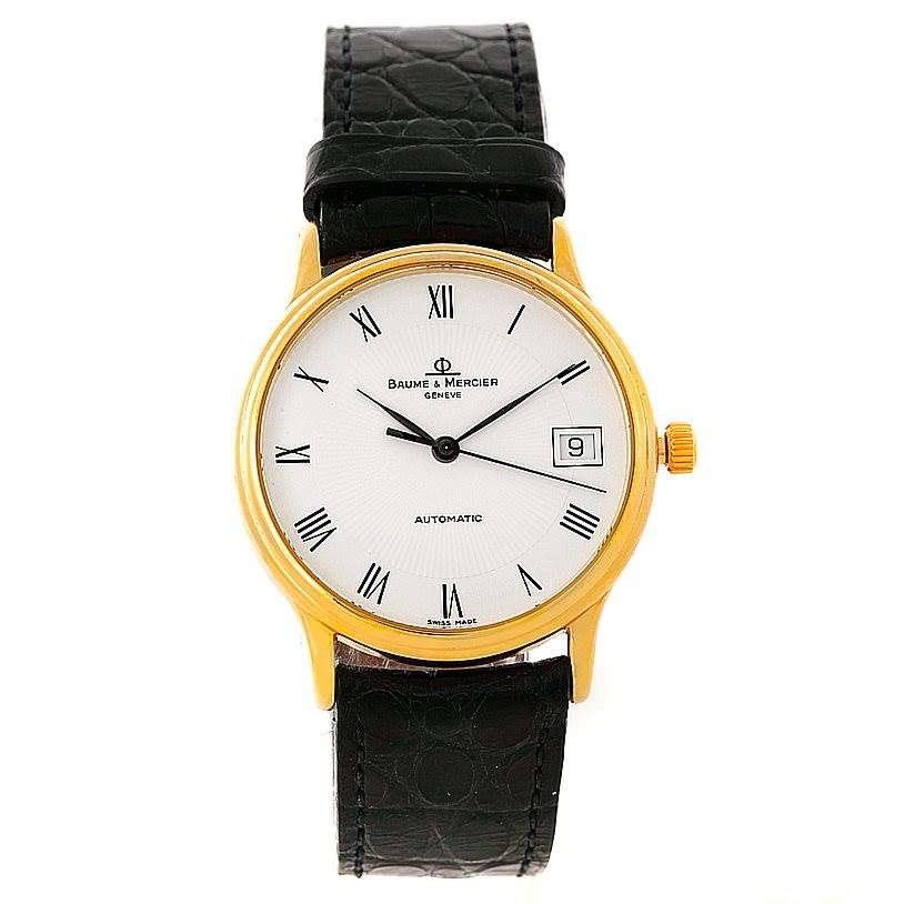 This image shows a front view of the Baume & Mercier Classima 8160 Men's Yellow Gold White Dial 8160 Men's Yellow Gold White Dial watch, displaying its dial, case, strap, and crown.