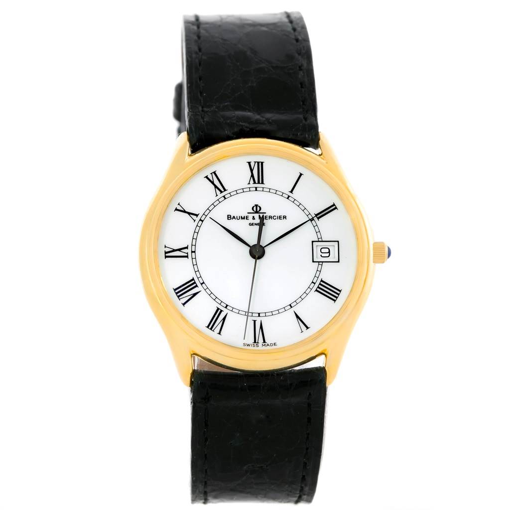 The image shows a front view of the Baume & Mercier Classima 95248 Men's Yellow Gold White Dial 95248 Men's Yellow Gold White Dial watch, featuring a white dial, gold case, black Roman numerals, and a black leather strap.