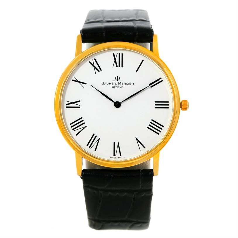 This image shows a frontal view of a Baume & Mercier Classima MV045088 Men's Yellow Gold White Dial MV045088 Men's Yellow Gold White Dial watch with a gold case, a white dial with Roman numerals, and a black leather strap.