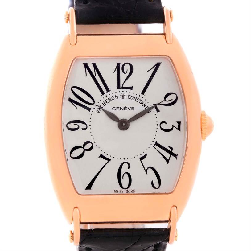 The Vacheron Constantin Historiques 37001 Men's Rose Gold Silver Dial 37001 Men's Rose Gold Silver Dial watch is shown from a front angle, highlighting its face, numerals, case, crown, and strap.