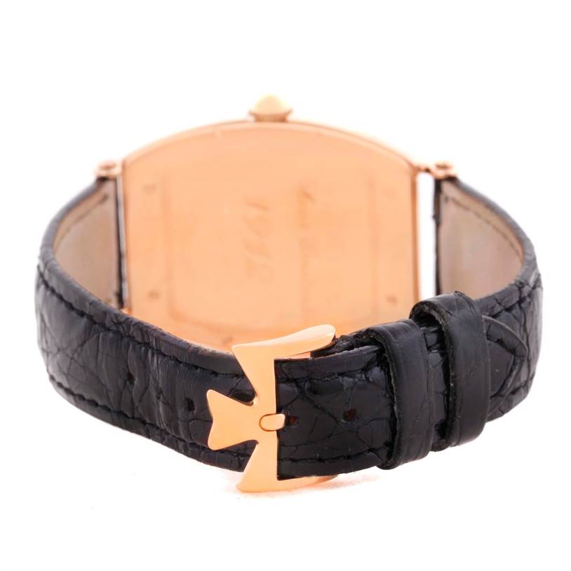 The image shows the back of a Vacheron Constantin Historiques 37001 Men's Rose Gold Silver Dial 37001 Men's Rose Gold Silver Dial watch, focusing on the black leather strap and the rose gold buckle.