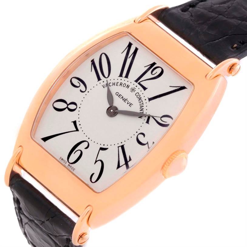 This image shows a close-up of the Vacheron Constantin Historiques 37001 Men's Rose Gold Silver Dial 37001 Men's Rose Gold Silver Dial watch, highlighting its dial, hands, crown, and black leather strap.