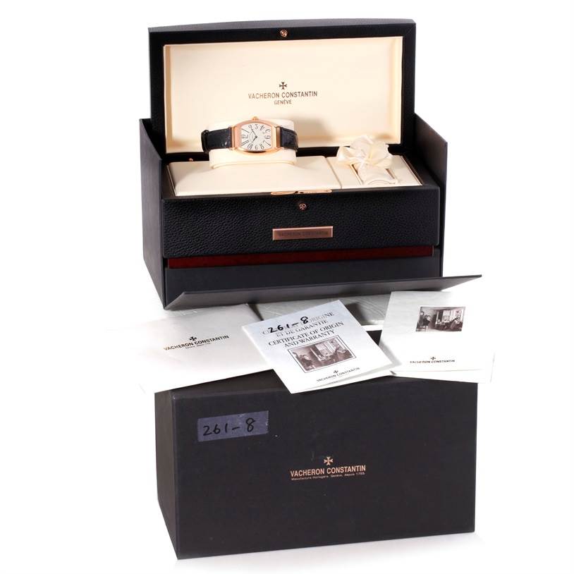The image shows a Vacheron Constantin Historiques 37001 Men's Rose Gold Silver Dial 37001 Men's Rose Gold Silver Dial watch in its open box along with its accompanying booklets and documents.