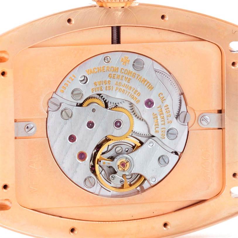This image shows a close-up of the movement and components of the Vacheron Constantin Historiques 37001 Men's Rose Gold Silver Dial 37001 Men's Rose Gold Silver Dial model watch, viewed from the back.