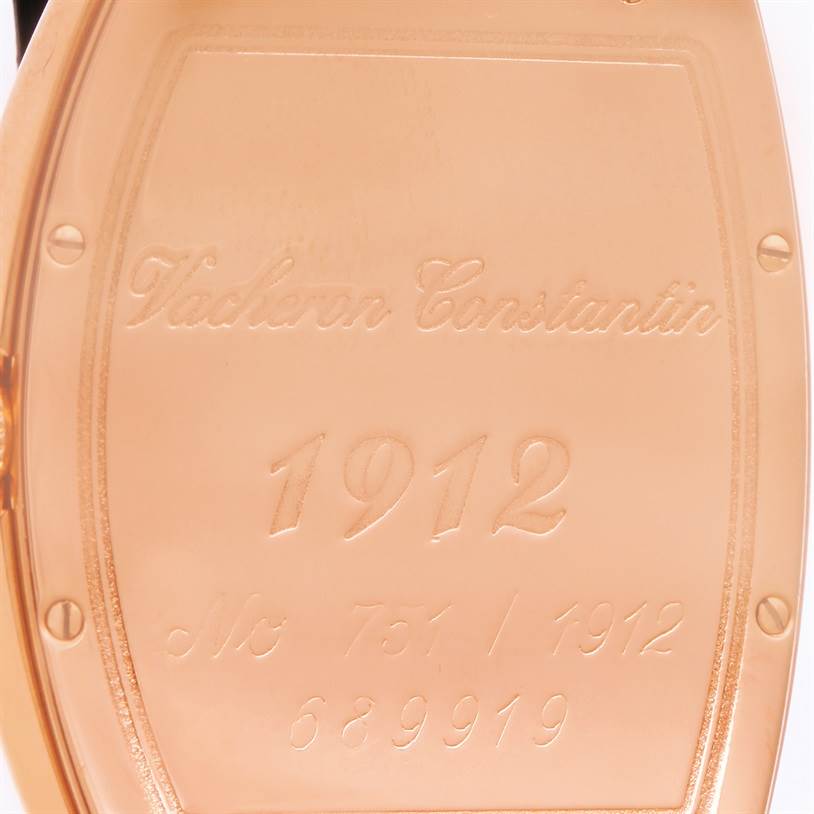 The image shows the case back of a Vacheron Constantin Historiques 37001 Men's Rose Gold Silver Dial 37001 Men's Rose Gold Silver Dial model watch, engraved with "1912" and "Vacheron Constantin."