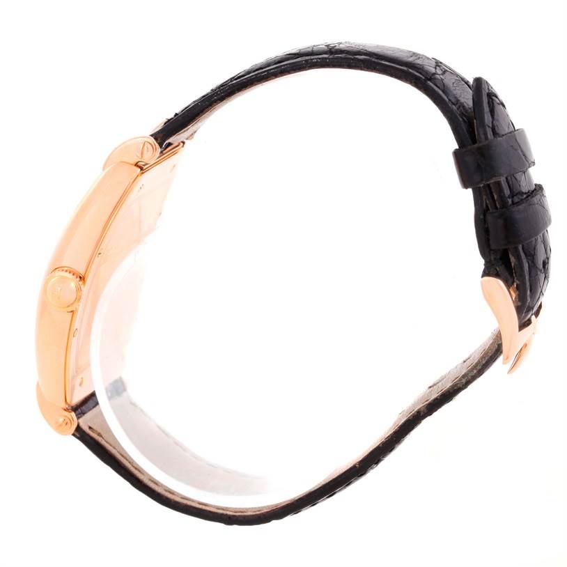 The image shows a side view of a Vacheron Constantin Historiques 37001 Men's Rose Gold Silver Dial 37001 Men's Rose Gold Silver Dial model watch, highlighting the case, crown, and strap.