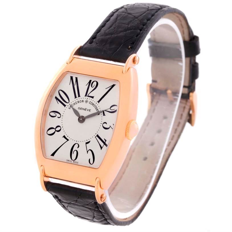 The image shows a Vacheron Constantin Historiques 37001 Men's Rose Gold Silver Dial 37001 Men's Rose Gold Silver Dial model watch at a three-quarter angle, highlighting its face, case, and leather strap.