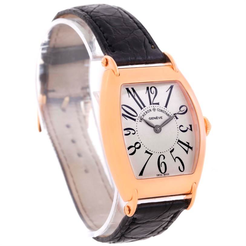 The Vacheron Constantin Historiques 37001 Men's Rose Gold Silver Dial 37001 Men's Rose Gold Silver Dial watch is shown at a three-quarter angle, displaying its dial, case, crown, and part of the strap.