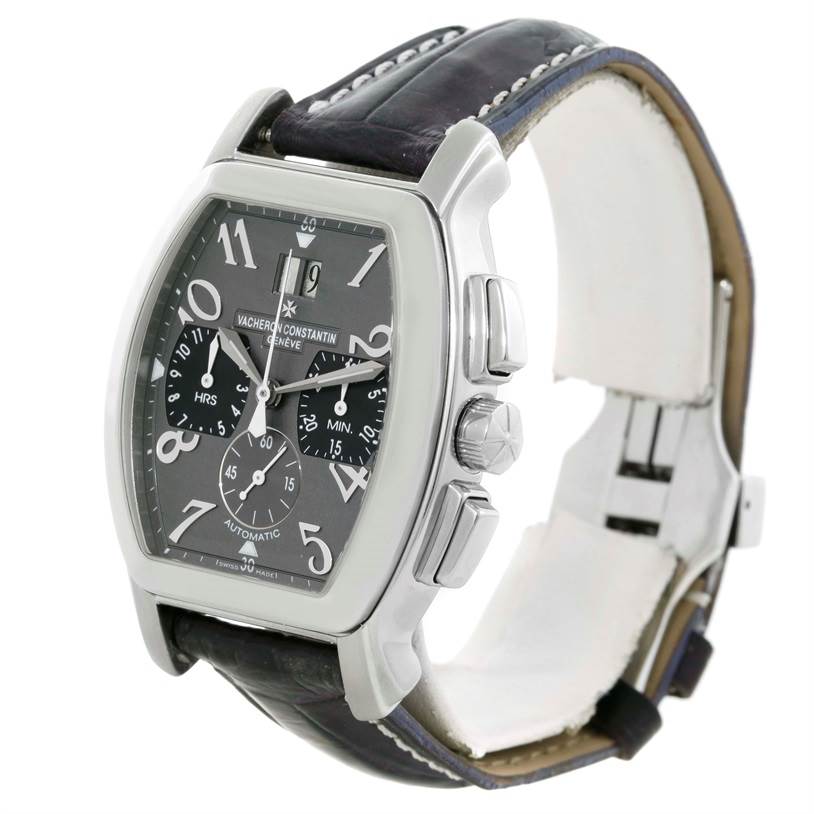 The Vacheron Constantin Historiques model is shown at a front-side angle, displaying its dial, pushers, crown, and strap.