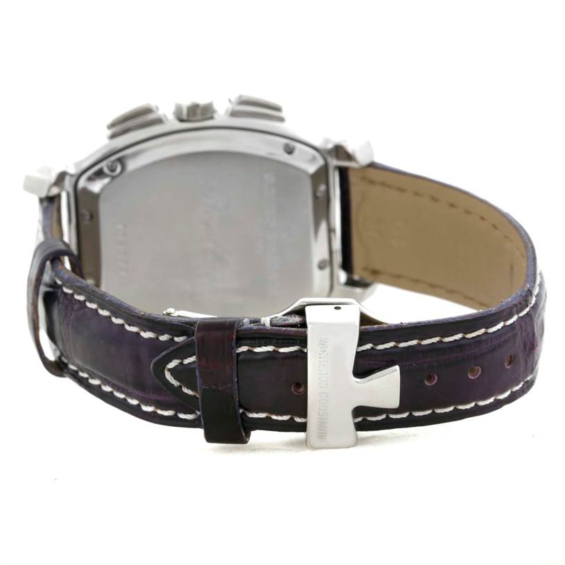 The image shows the back view of a Vacheron Constantin Historiques watch, highlighting the case back and leather strap with stitching and clasp.