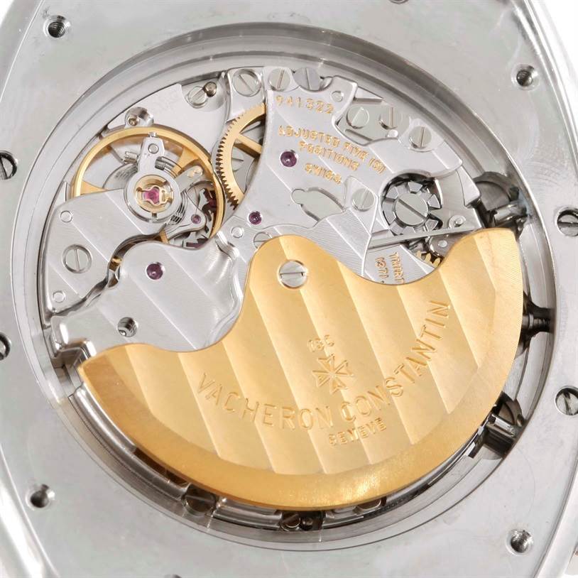 This image shows the backside of a Vacheron Constantin Historiques model, focusing on its mechanical movement and rotor.