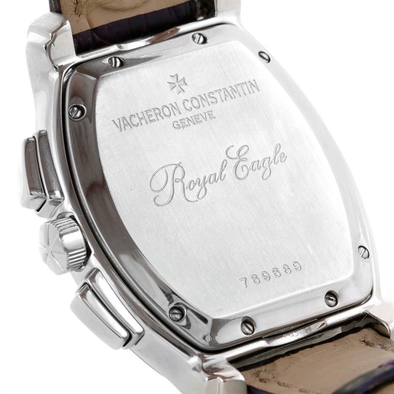 This image shows the back casing and part of the side view, focusing on the screws and engravings of the Vacheron Constantin Historiques Royal Eagle model.