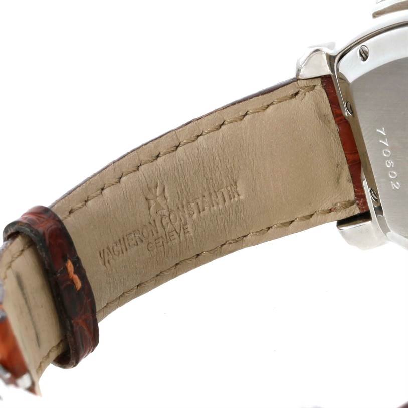 This image shows the Vacheron Constantin Historiques model, focusing on the leather strap and part of the stainless steel case back, angled view.
