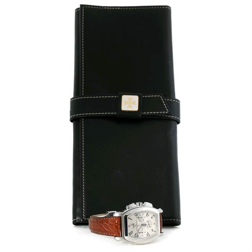 The Vacheron Constantin Historiques model watch is shown from a front angle along with a black leather watch case.