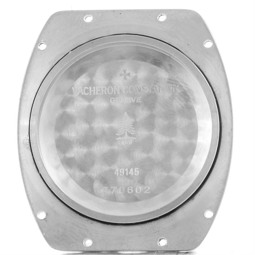 This image shows the back case of a Vacheron Constantin Historiques watch, viewed from the rear, displaying engravings and mounting holes.