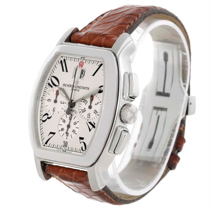 The image shows a side angle of the Vacheron Constantin Historiques watch, highlighting its dial, case, crown, and brown leather strap.