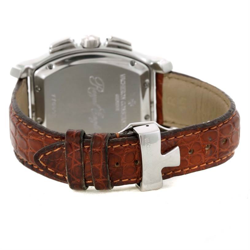 The image shows the back view of a Vacheron Constantin Historiques model watch, highlighting its caseback and brown leather strap with a buckle.