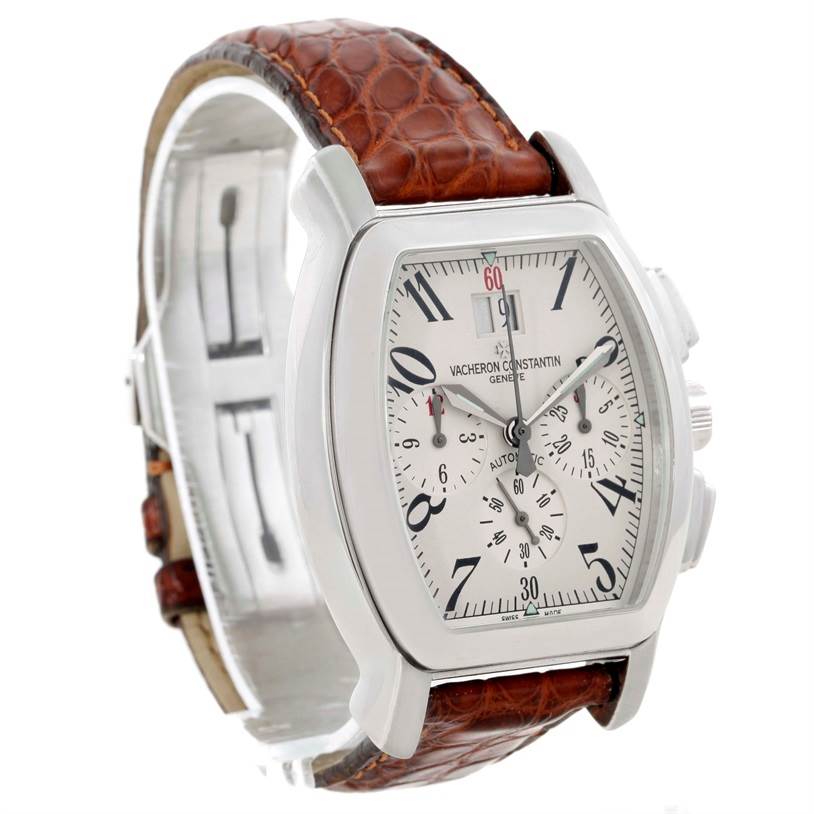 The image shows a Vacheron Constantin Historiques watch at a slight angle, displaying the dial, case, and brown leather strap.