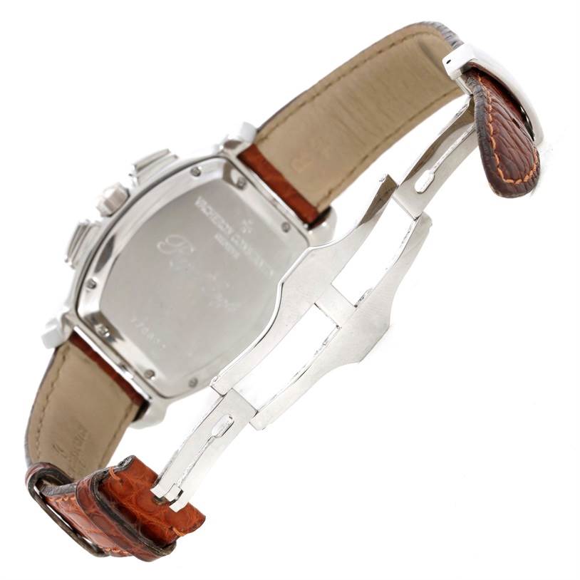 The image shows the back and partially opened clasp of a Vacheron Constantin Historiques model watch, highlighting the leather strap and metal clasp.