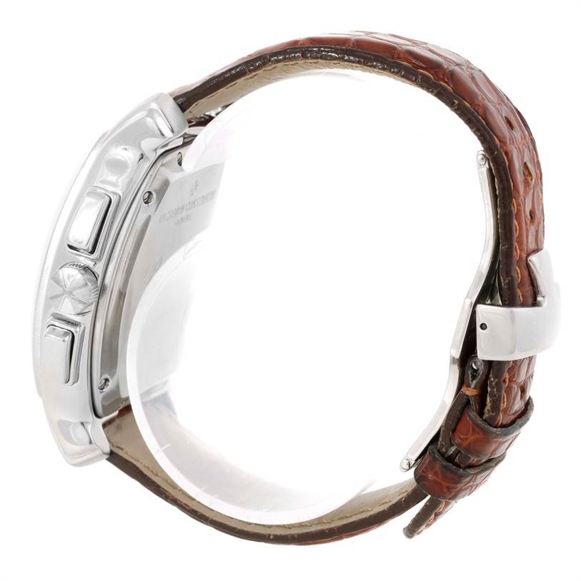 The image shows a side view of the Vacheron Constantin Historiques watch, highlighting its crown, push buttons, and brown leather strap.