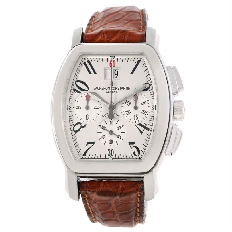 This image displays a Vacheron Constantin Historiques model watch from a front angle, showing the dial, case, and brown leather strap.