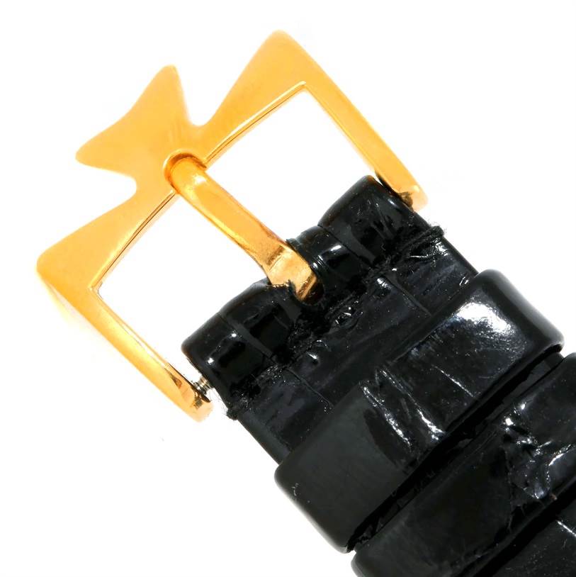 This image shows a close-up of the gold buckle and black leather strap of a Vacheron Constantin Patrimony 47200/1 Men's Yellow Gold Silver Dial 47200/1 Men's Yellow Gold Silver Dial watch.