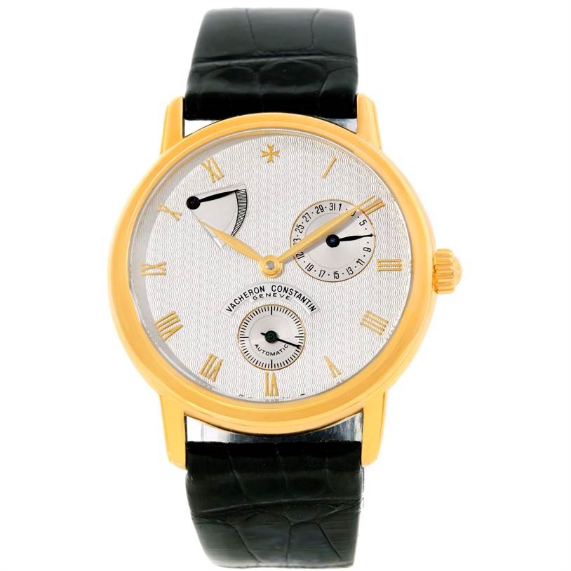 The image shows a front view of a Vacheron Constantin Patrimony 47200/1 Men's Yellow Gold Silver Dial 47200/1 Men's Yellow Gold Silver Dial watch, highlighting its dial, hands, subdials, and leather strap.