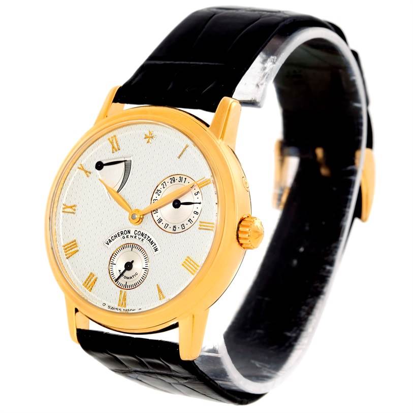 The Vacheron Constantin Patrimony 47200/1 Men's Yellow Gold Silver Dial 47200/1 Men's Yellow Gold Silver Dial watch is shown at a three-quarter angle, displaying the face, strap, and crown.