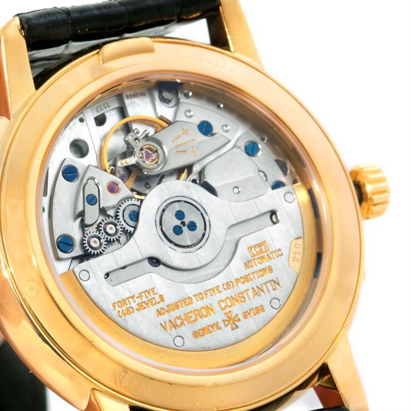 The image shows the back view of a Vacheron Constantin Patrimony 47200/1 Men's Yellow Gold Silver Dial 47200/1 Men's Yellow Gold Silver Dial watch, revealing its detailed automatic movement.