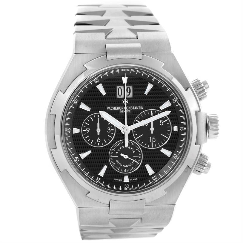 The image shows a front view of the Vacheron Constantin Overseas 49150.B01A.9097 Men's Stainless Steel Black Dial 49150.B01A.9097 Men's Stainless Steel Black Dial watch, highlighting its dial, chronograph subdials, and bracelet.