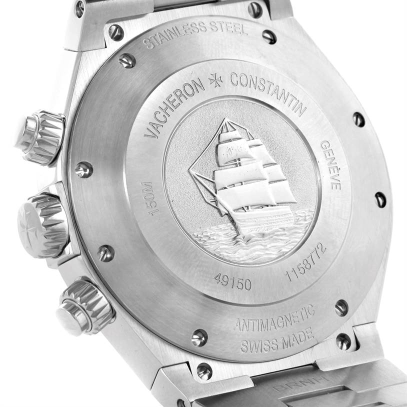 The image shows the stainless steel case back and pushers of the Vacheron Constantin Overseas 49150.B01A.9097 Men's Stainless Steel Black Dial 49150.B01A.9097 Men's Stainless Steel Black Dial model watch.