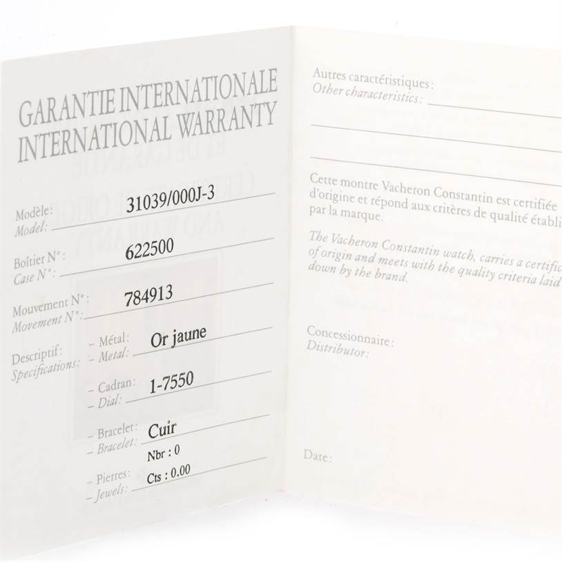 This is an international warranty card for the Vintage model 31039/000J-3 by Vacheron Constantin, showing warranty details.