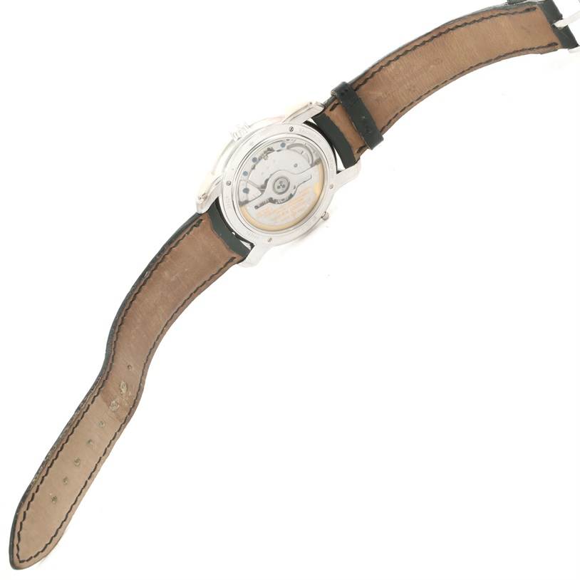 This image shows the back view of a Vacheron Constantin Patrimony 47245 Men's White Gold Beige Dial 47245 Men's White Gold Beige Dial watch, highlighting its open case back and strap.