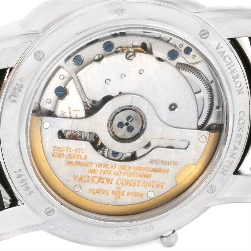 The image shows the open case back of a Vacheron Constantin Patrimony 47245 Men's White Gold Beige Dial 47245 Men's White Gold Beige Dial model, revealing its intricate automatic movement.
