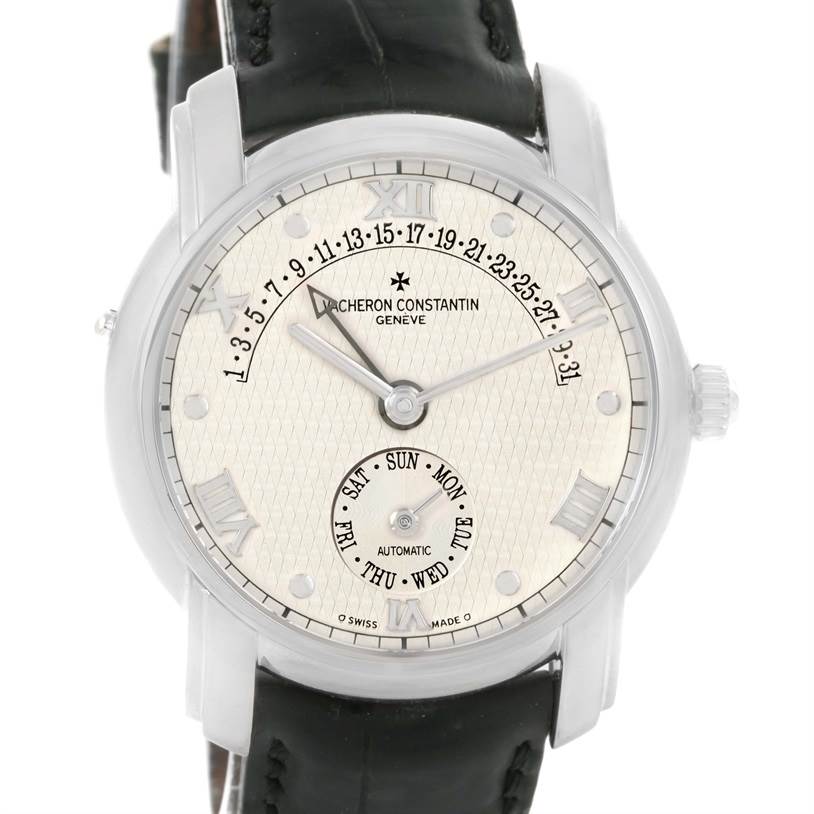The image shows a frontal view of the Vacheron Constantin Patrimony 47245 Men's White Gold Beige Dial 47245 Men's White Gold Beige Dial watch, highlighting its face, hands, dial, and leather strap.
