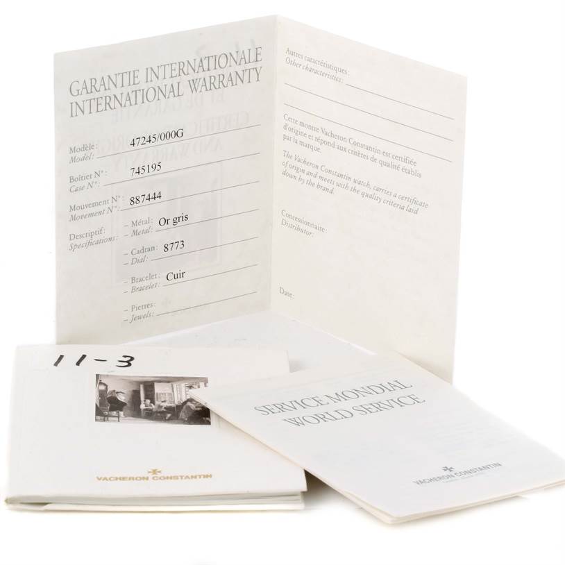The image shows warranty and service paperwork for the Vacheron Constantin Patrimony 47245 Men's White Gold Beige Dial 47245 Men's White Gold Beige Dial watch model.