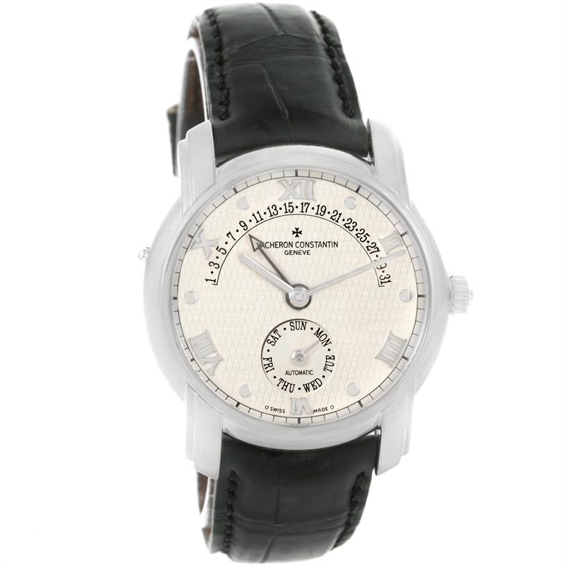 The Vacheron Constantin Patrimony 47245 Men's White Gold Beige Dial 47245 Men's White Gold Beige Dial watch is shown from the front, featuring a white dial, date numerals, and a black leather strap.