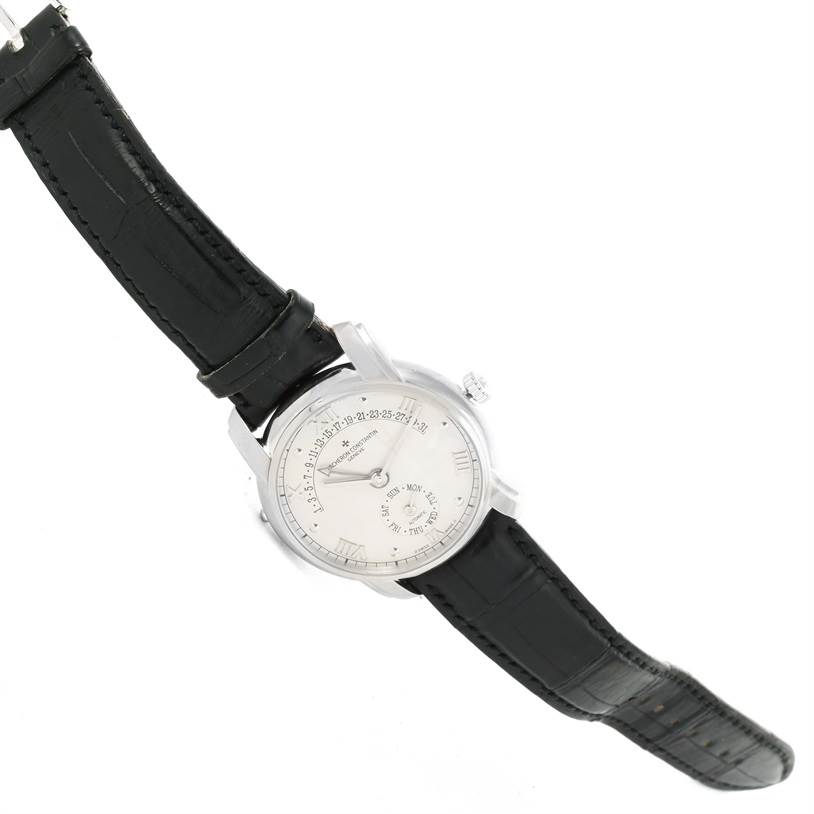 The image shows a Vacheron Constantin Patrimony 47245 Men's White Gold Beige Dial 47245 Men's White Gold Beige Dial watch, front angle, displaying its face, dial, and black leather strap.