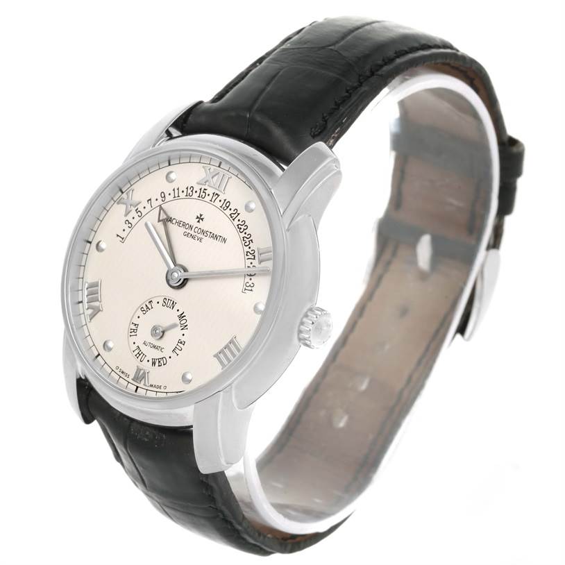 The image shows a Vacheron Constantin Patrimony 47245 Men's White Gold Beige Dial 47245 Men's White Gold Beige Dial watch at a slight angle, highlighting the face, strap, and side crown.