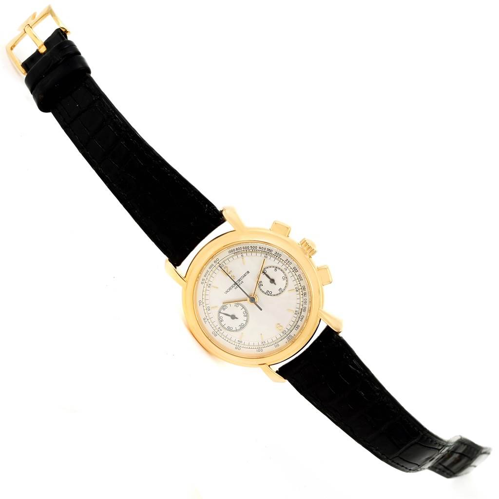 The Vacheron Constantin Historiques 47101/1 Men's Yellow Gold Silver Dial 47101/1 Men's Yellow Gold Silver Dial watch is shown at a slight angle, displaying its dial, case, crown, and black leather strap.