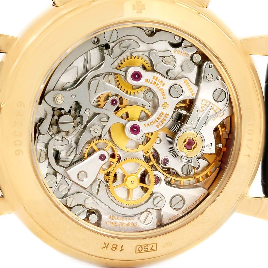 The image shows the inner mechanical movement of a Vacheron Constantin Historiques 47101/1 Men's Yellow Gold Silver Dial 47101/1 Men's Yellow Gold Silver Dial model from the back view.