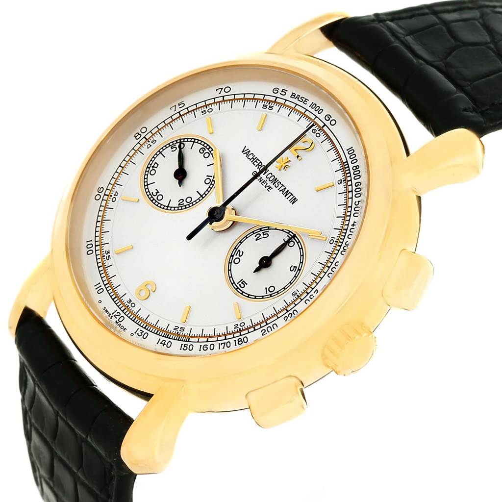 The Vacheron Constantin Historiques 47101/1 Men's Yellow Gold Silver Dial 47101/1 Men's Yellow Gold Silver Dial watch is shown at an angled view, displaying the dial, bezel, lugs, crown, chronograph pushers, and leather strap.